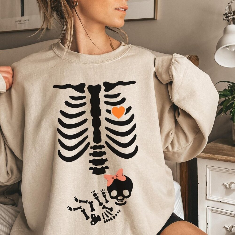 Skeleton Halloween Costume Maternity Sweatshirt Baby Pumpkin Fall Large in Sand